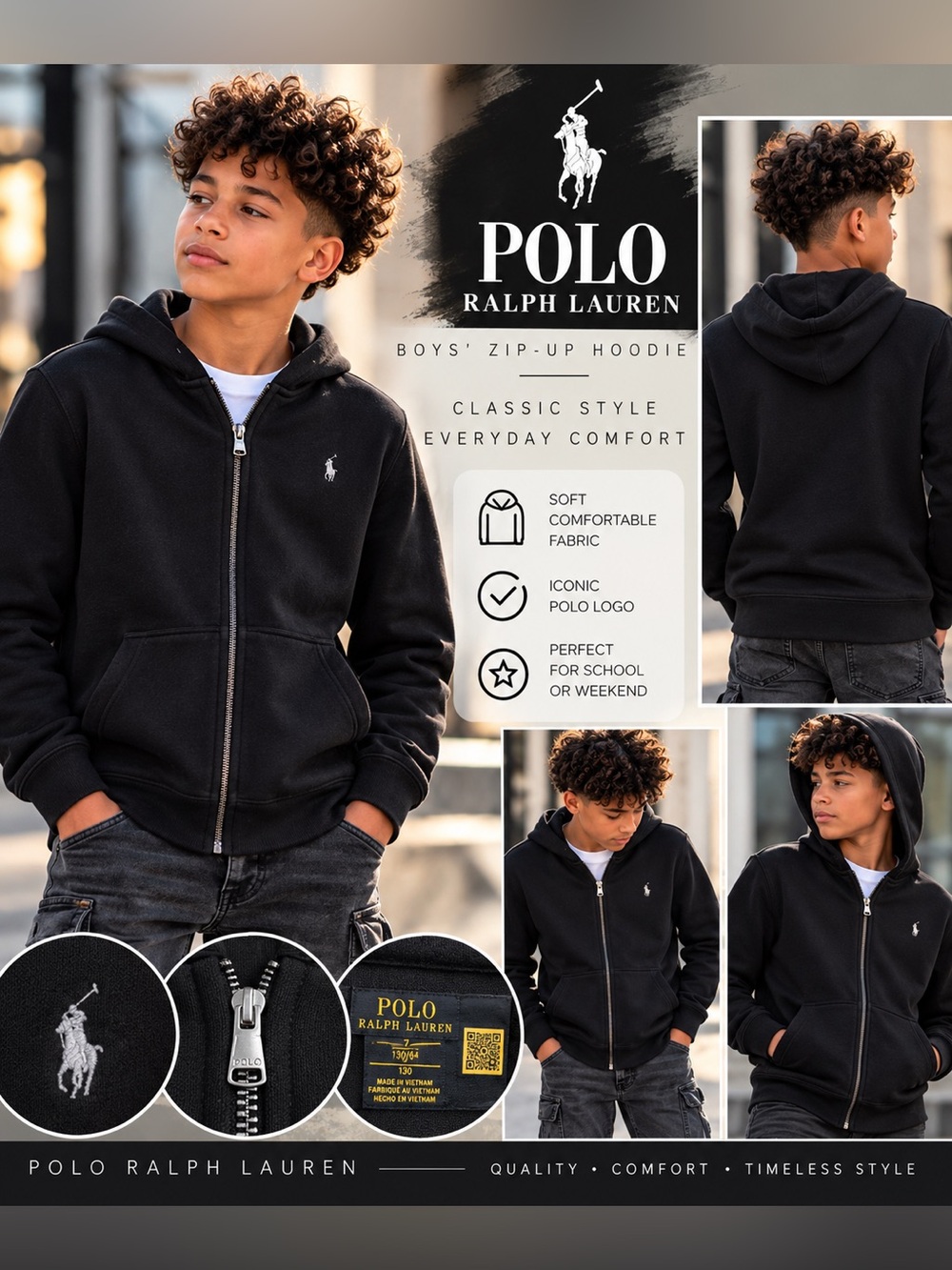 Polo by Ralph Lauren Boys' Black Zip-Up Hoodie size 7